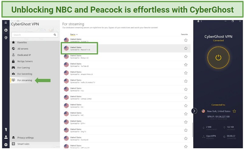Screenshot of the CyberGhost app listing its streaming optimized servers for watching the Emmy Awards