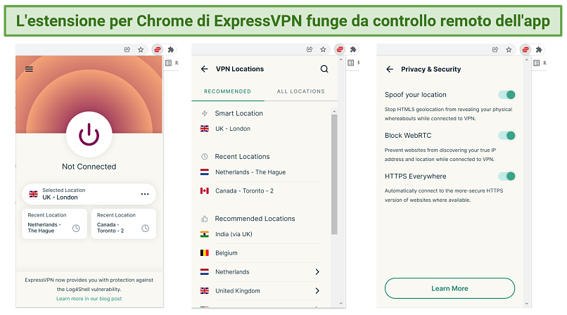 Screenshot showing the interface and features of the ExpressVPN Chrome extension