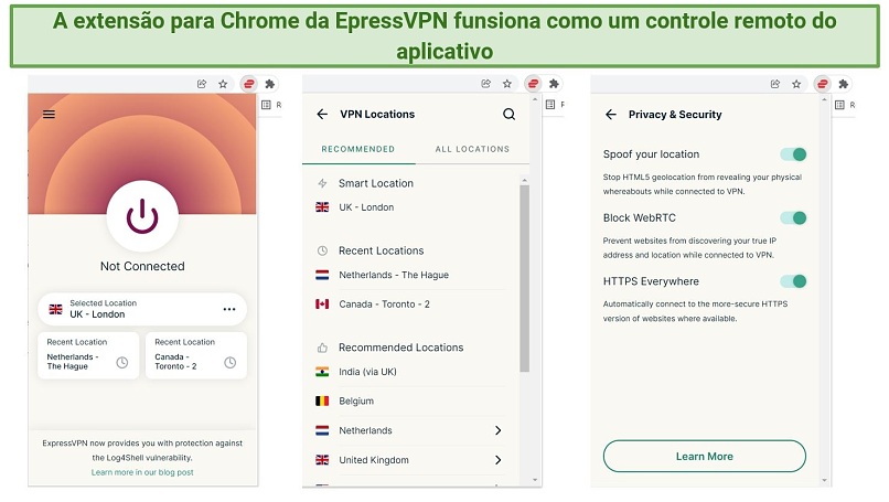 Screenshot showing the interface and features of the ExpressVPN Chrome extension