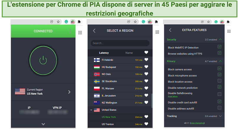 Screenshot showing the interface and features of the PIA Chrome extension