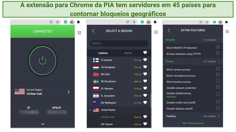 Screenshot showing the interface and features of the PIA Chrome extension