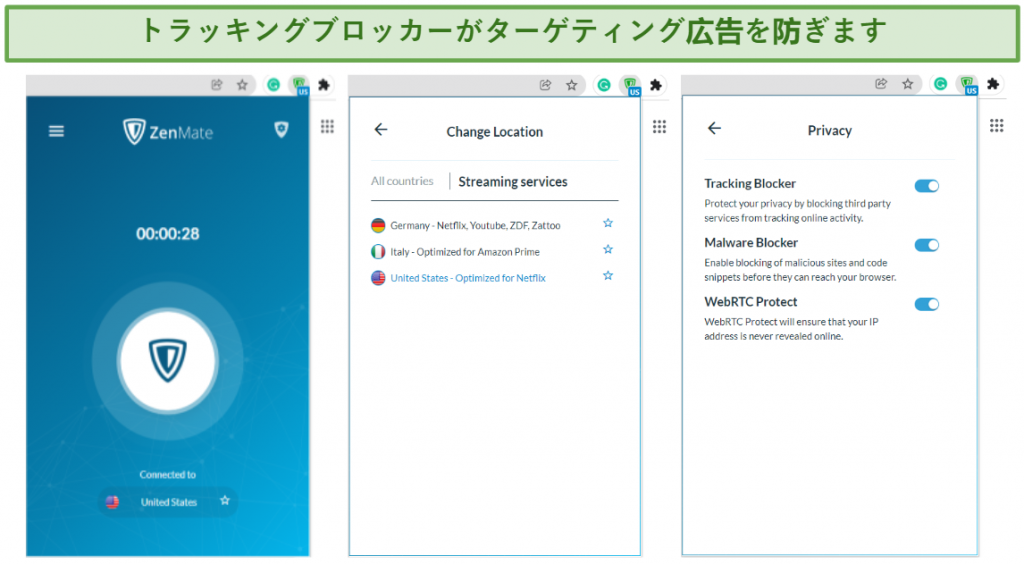 Screenshot showing ZenMate's premium Chrome extension