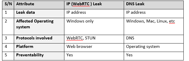 DNS leak table