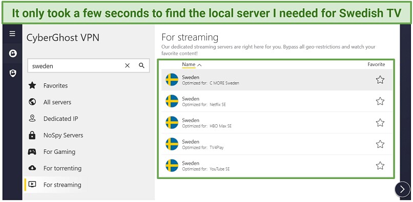 A screenshot of the Swedish TV servers in CyberGhost's app.