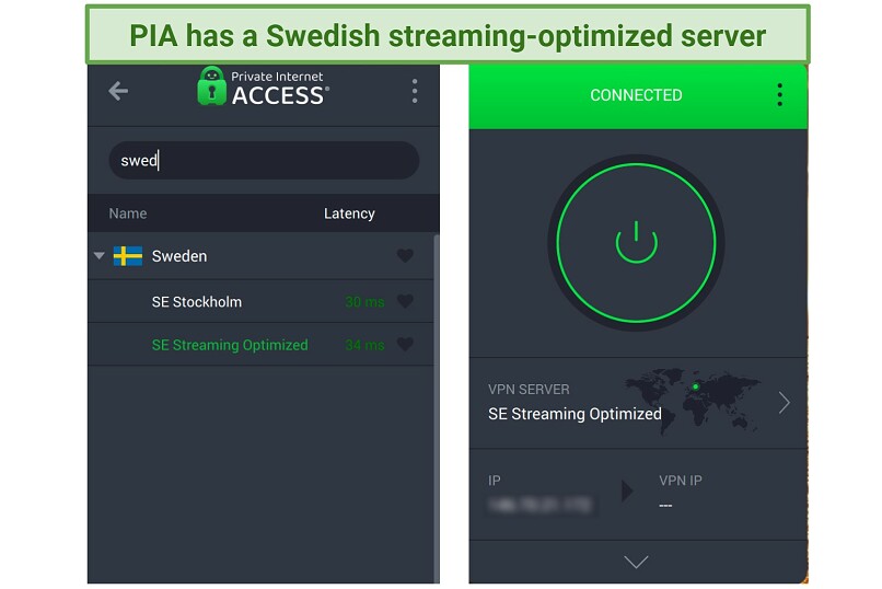 A screenshot of PIA's Swedish server list.