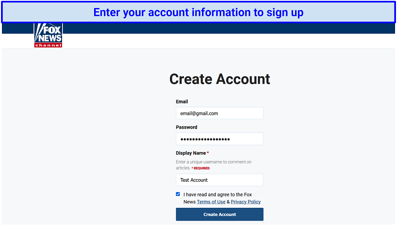 A screenshot showing Fox News' create account page