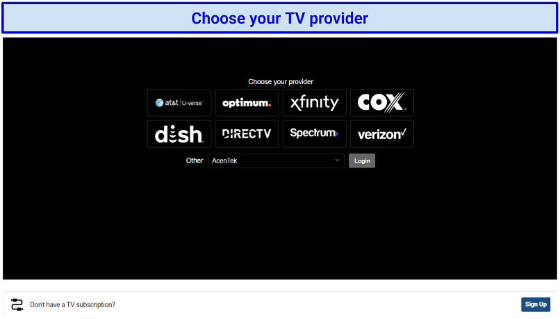 A screenshot showing TV providers supported by Fox