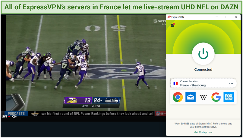 A screenshot showing a live Vikings vs Seahawks game on NFL Network while ExpressVPN is connected to a server in France