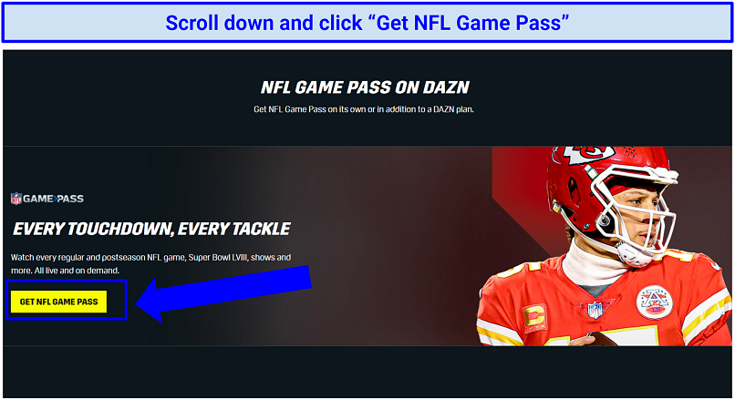 A screenshot showing the Get NFL Game Pass button on the DAZN homepage.