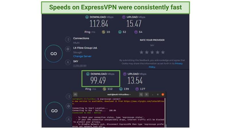 A screenshot showing ExpressVPN delivers fast speed on Linux