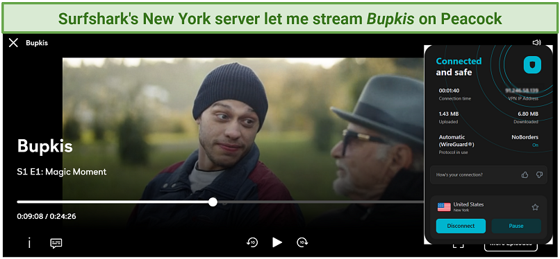 Screenshot of Surfshark streaming Bupkis connected to a New York server