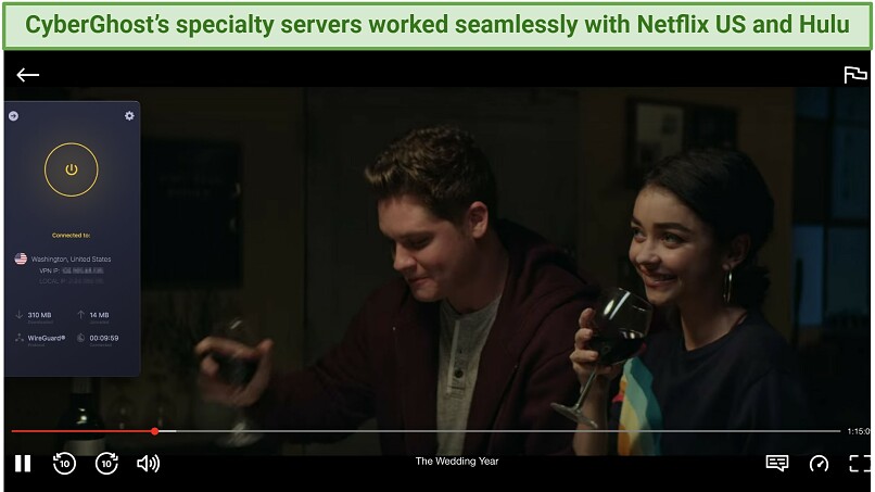 Screenshot of Netflix US streaming on CyberGhost connected to a US server.