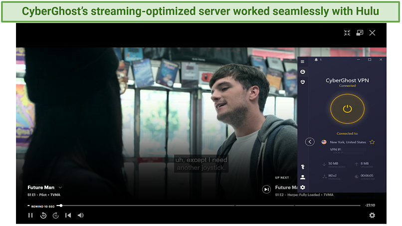 screenshot showing Future Man streaming on Hulu with CyberGhost connected