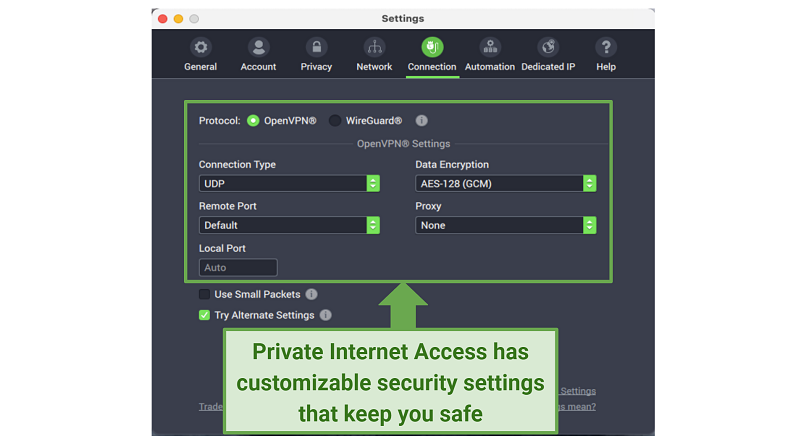 Graphic showing PIA security settings