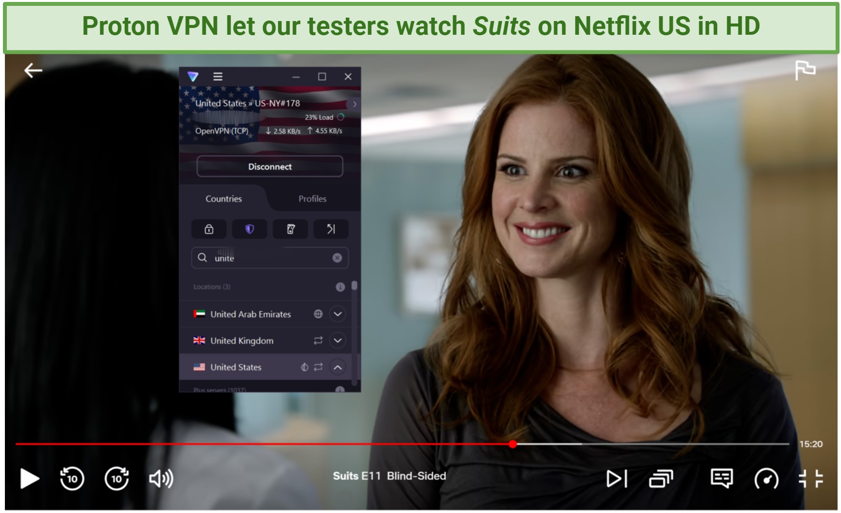Screenshot of Proton VPN streaming Suits on US Netflix