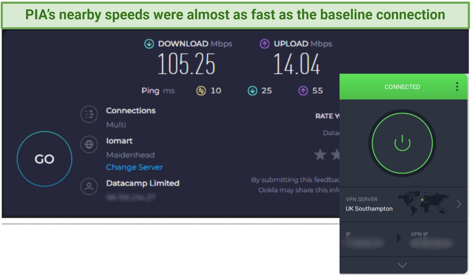 Screenshot showing PIA's download and upload speeds