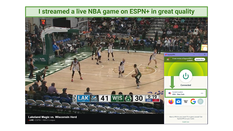 A screenshot of a live NBA game on ESPN+ while connected to ExpressVPN