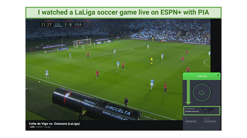 Screenshot of a live soccer game on ESPN+ while connected to PIA