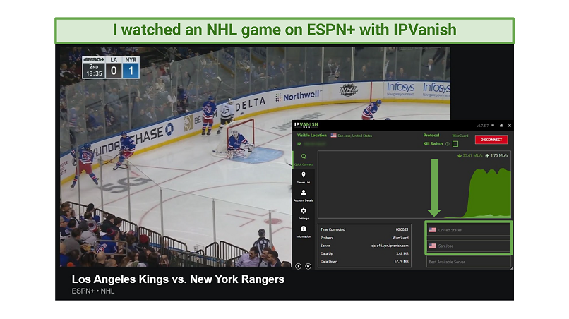 A screenshot of an ESPN+ game while connected to IPVanish