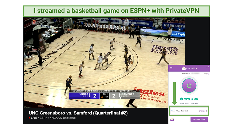 Screenshot of an ESPN+ basketball game while connected to PrivateVPN