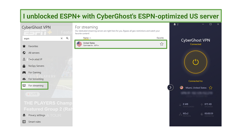 A user interface screenshot of CyberGhost's streaming servers section