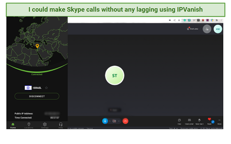 A screenshot of making Skype calls with IPVanish