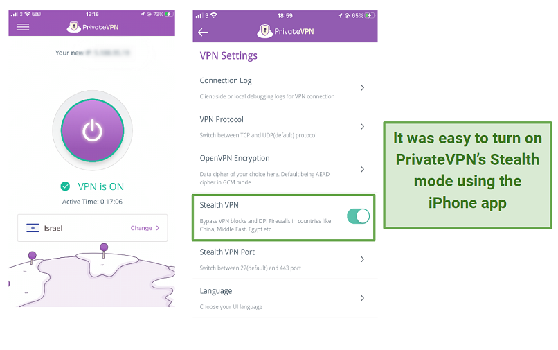 A screenshot of how to find PrivateVPN's Stealth Mode in the iPhone app