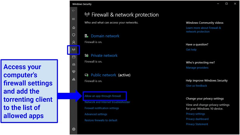 A screenshot showing how to access your computer's firewall settings to add your torrent client to the allowed app list.