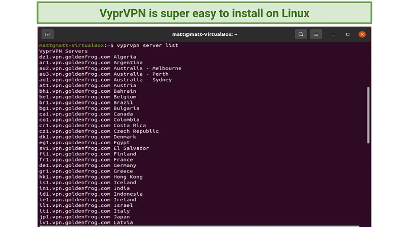 Screenshot of VyprVPN's CLI for Linux