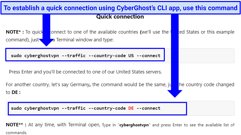 A screenshot showing CyberGhost's Linux command that helps you connect to one of the available countries