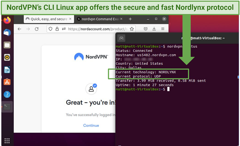 A screenshot showing NordVPN's CLI Linux app comes with Nordlynx protocol.