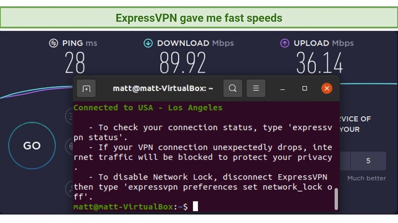Screenshot of Ookla Speed Test done with ExpressVPN connected to Los Angeles server with Linux CLI