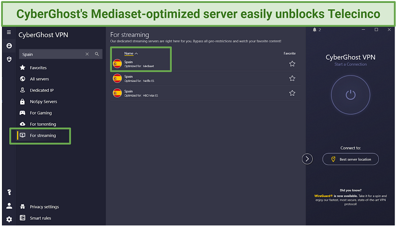 Graphic showing optimized servers menu for Spain with servers for Mediaset, Netflix ES and HBO Max ES.
