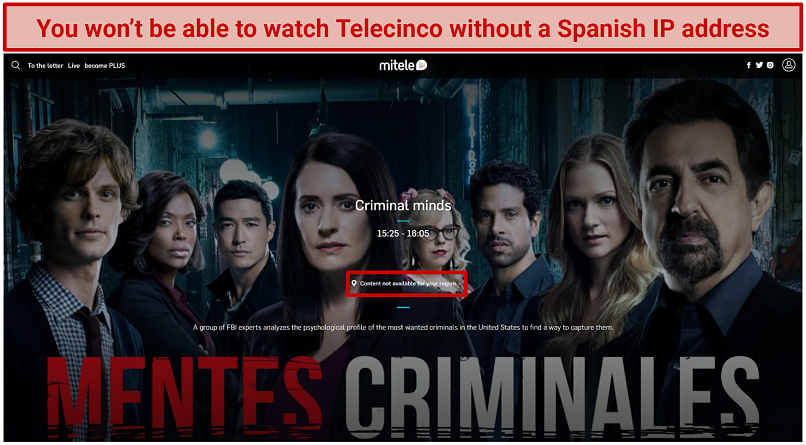 Image showing the error message that displays when you try to watch geoblocked content on Telecinco from abroad.