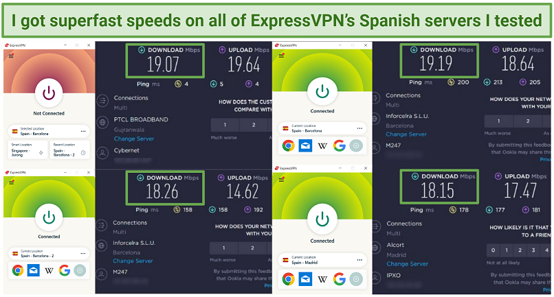 Graphic showing speed comparisons between base speed and VPN speeds for different Spanish servers of ExpressVPN.