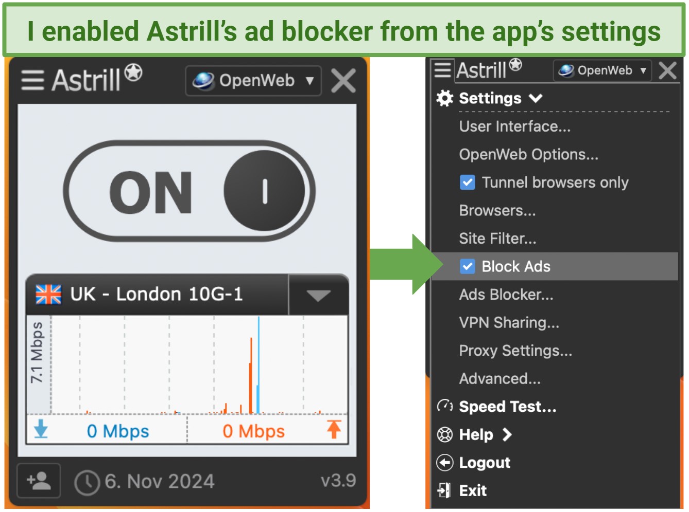 Screenshot of Astrill VPN's block ads feature in the settings