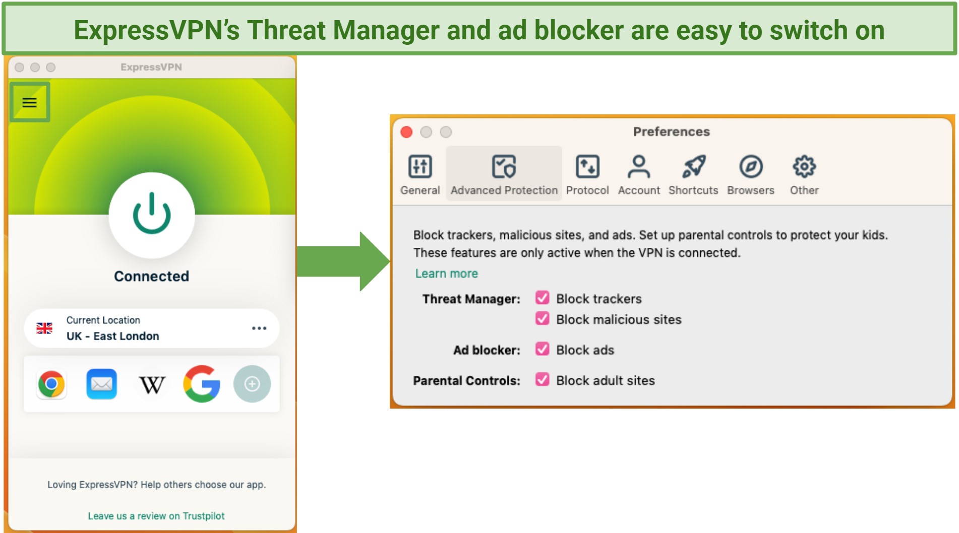 Screenshot of the advanced protection tab in ExpressVPN's settings