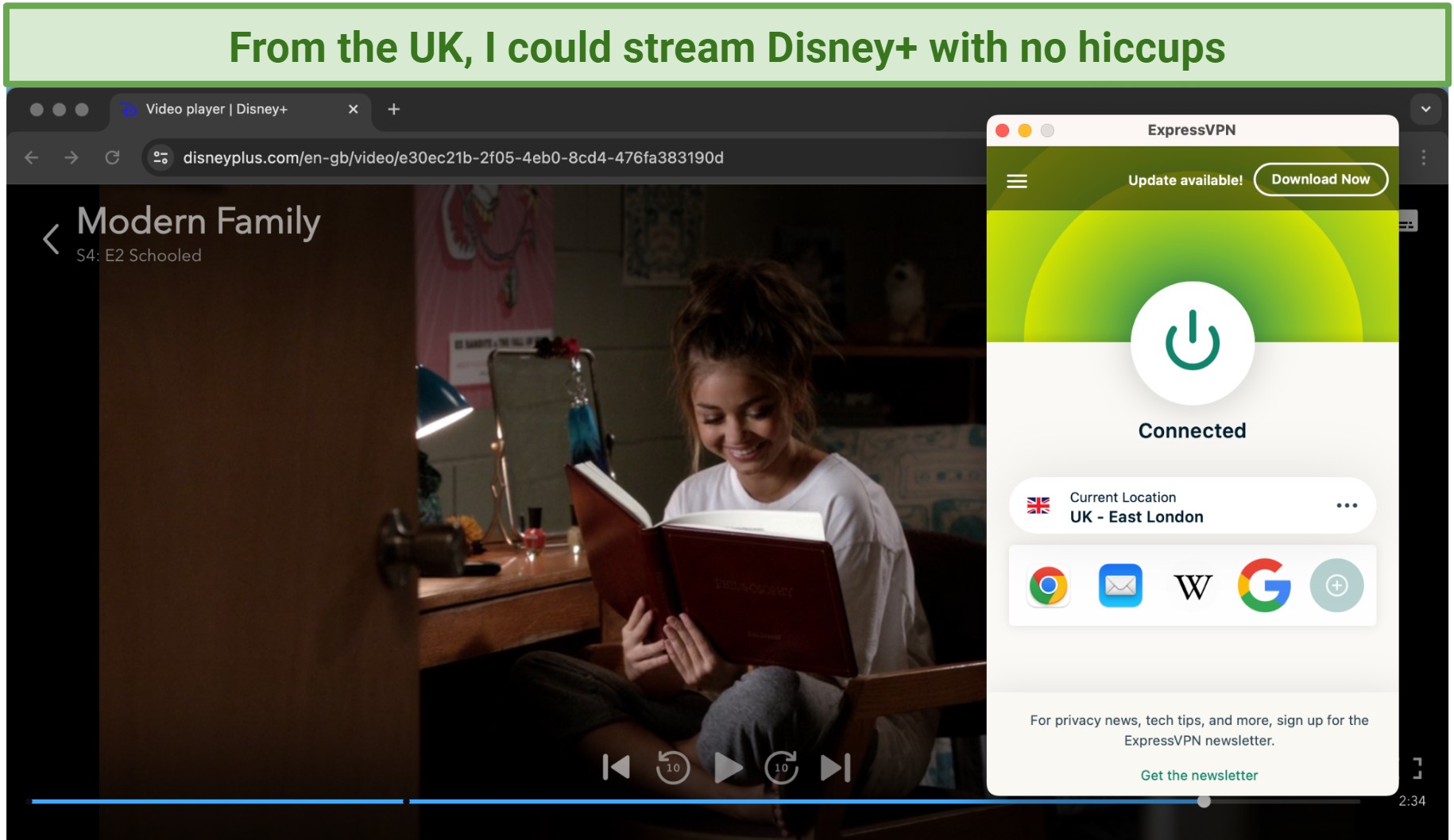 Screenshot of ExpressVPN app with Disney+ in the background