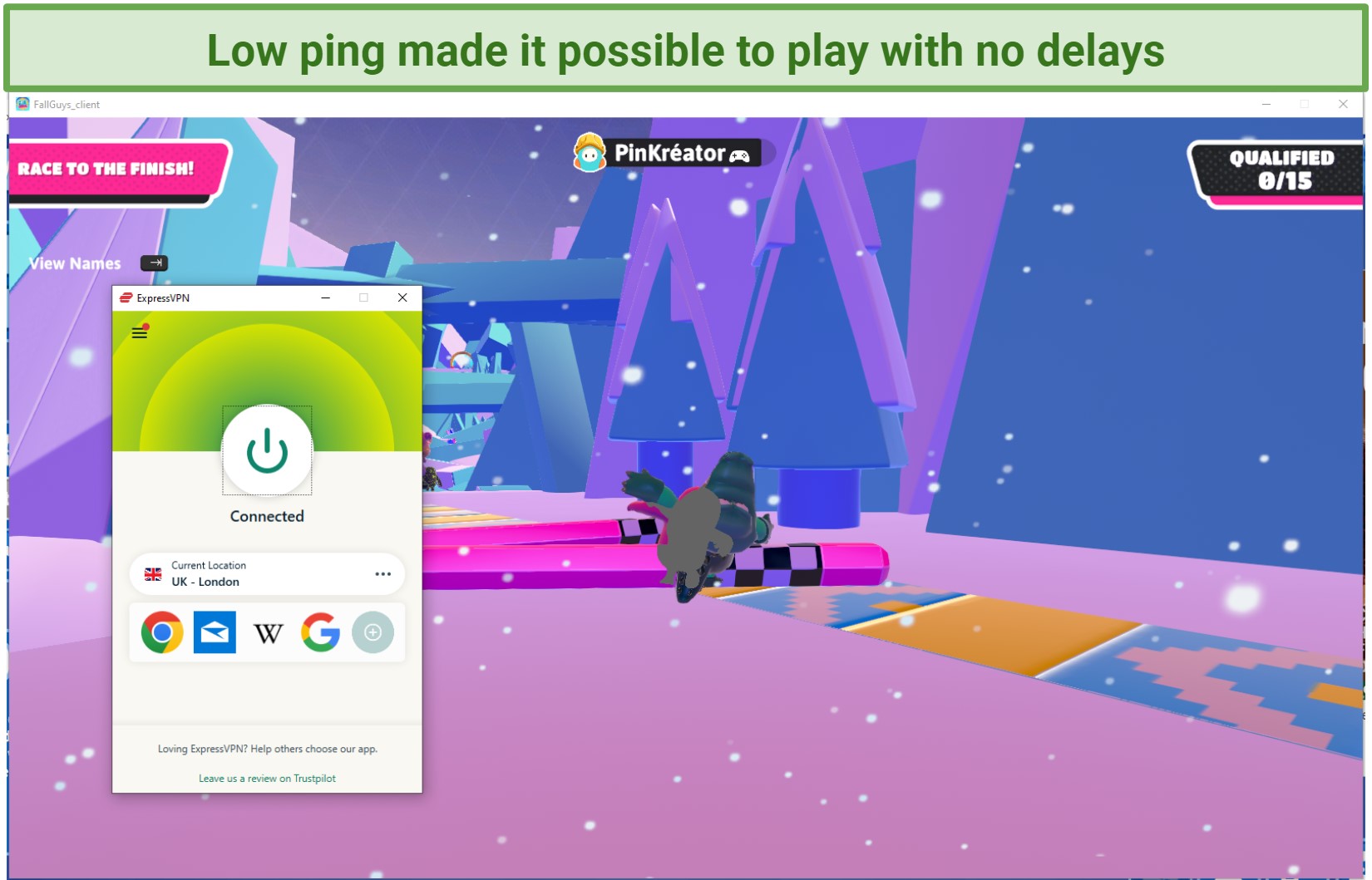 Screenshot of the game PinKreator, with the ExpressVPN app connected to a UK server.