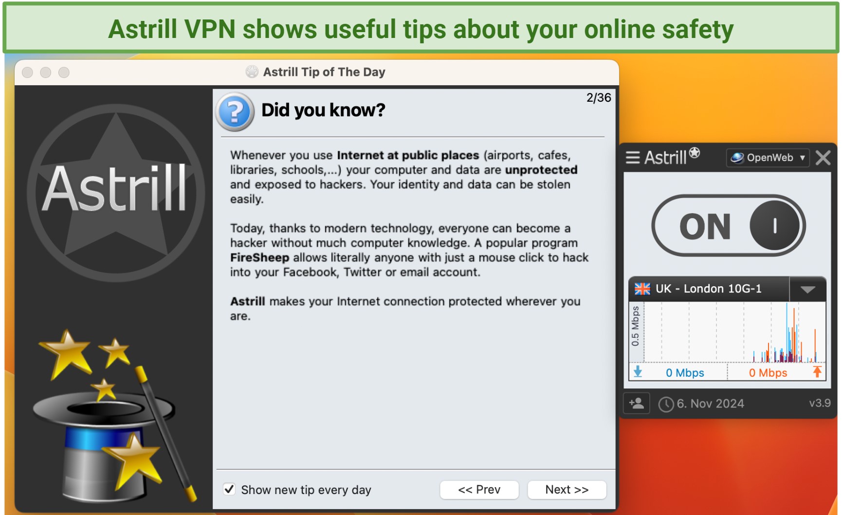 screenshot of Astrill VPN's tip of the day feature