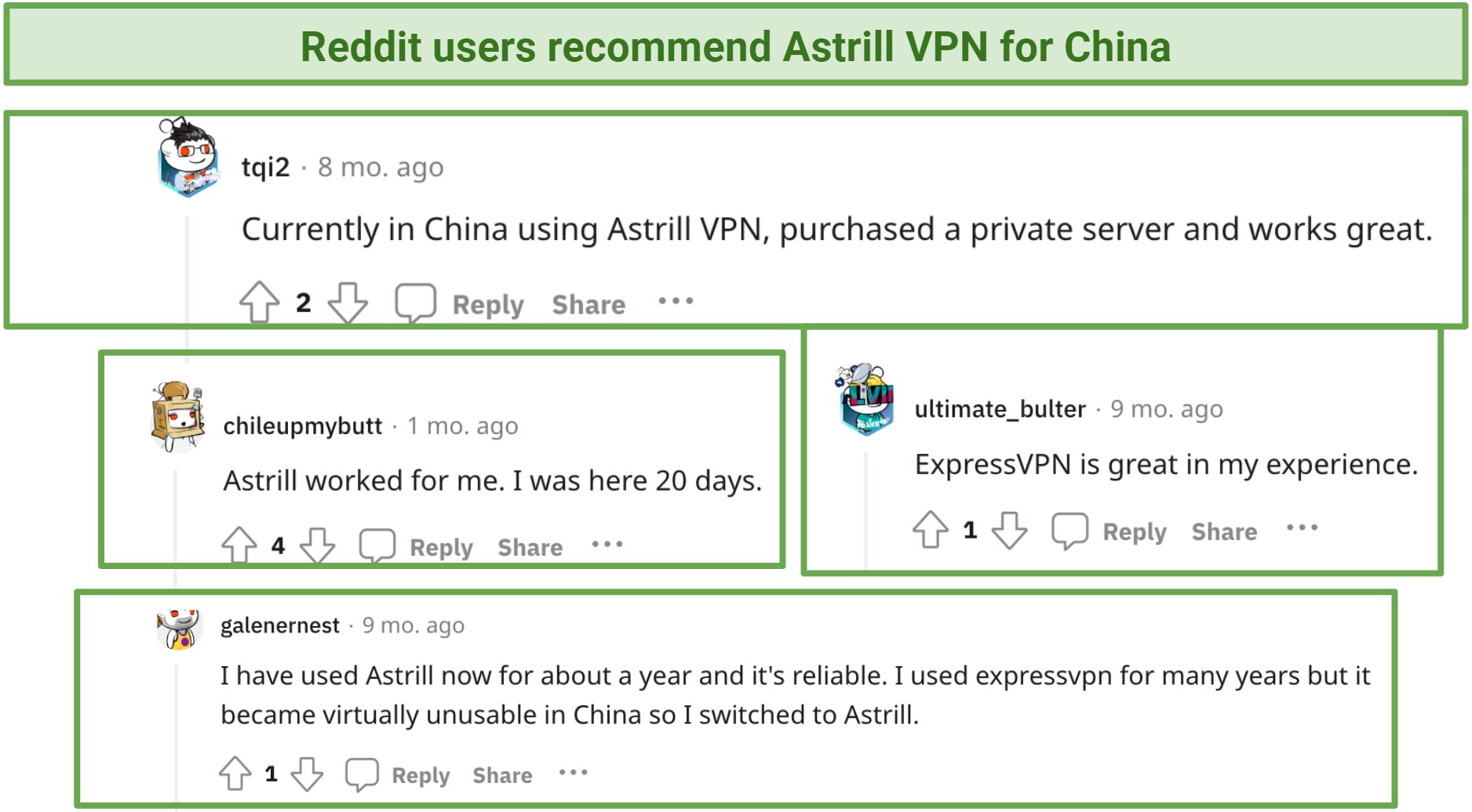 Screenshot of Reddit comments about best VPNs for China