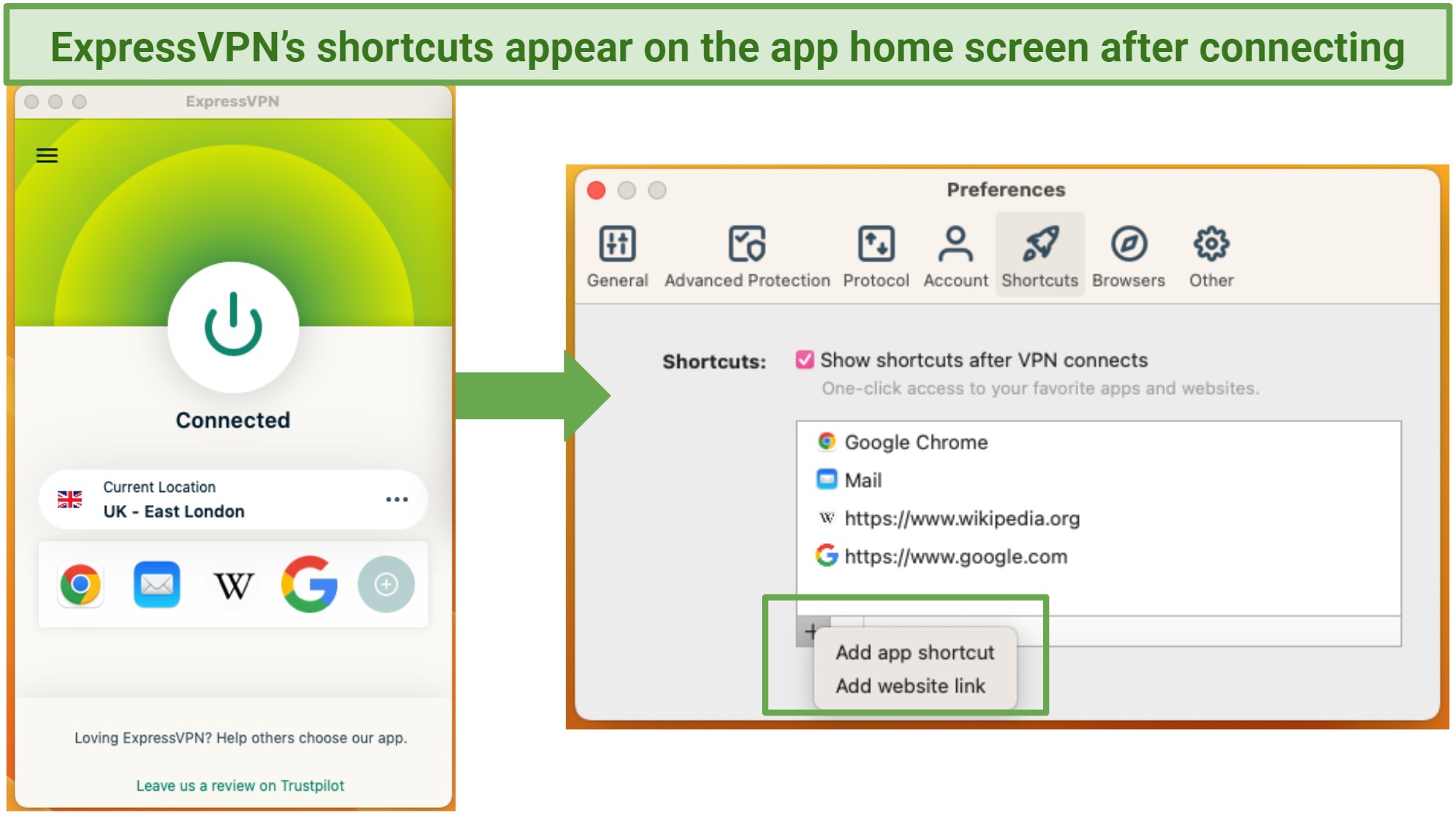 Screenshot of ExpressVPN's shortcuts feature