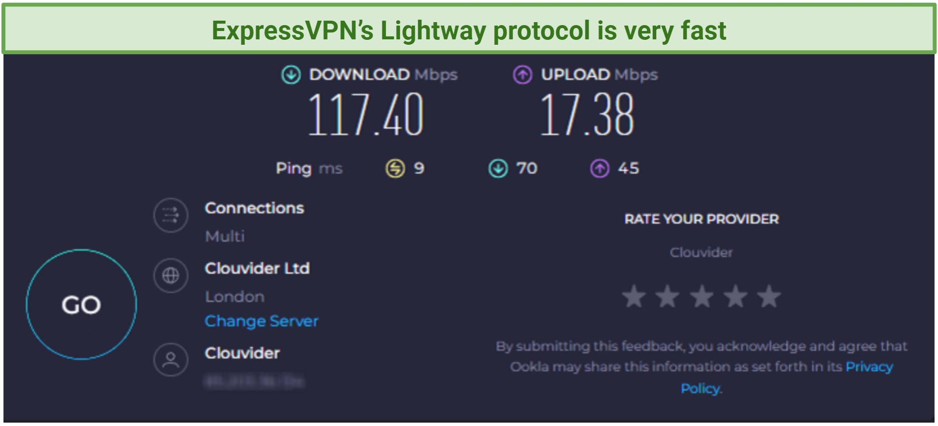 ExpressVPN's speed test results using a UK server