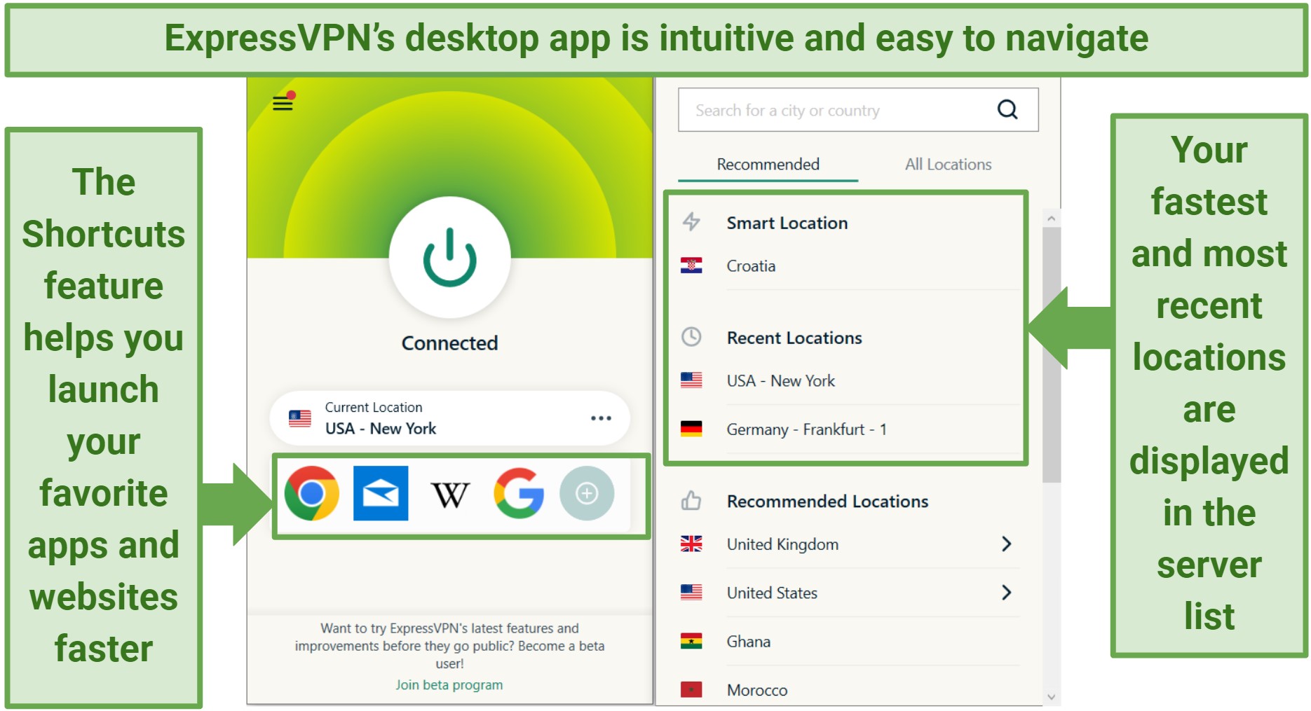 Screenshot of ExpressVPN's desktop app showing its Shortcuts feature and the Smart Location features