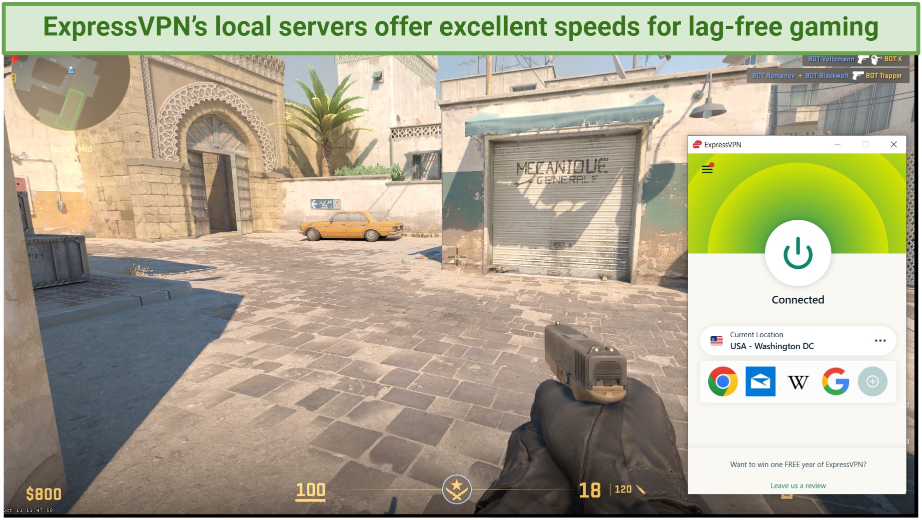 Screenshot of playing Counter Strike 2 with ExpressVPN's nearest server
