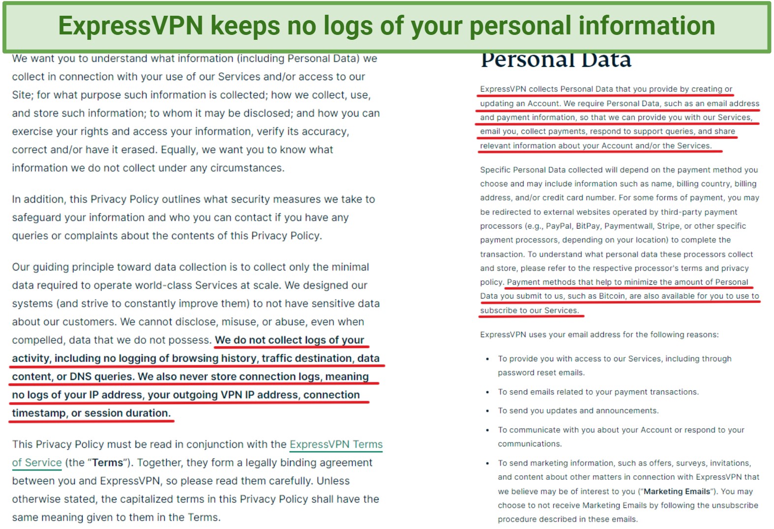 Screenshot of ExpressVPN's privacy policy