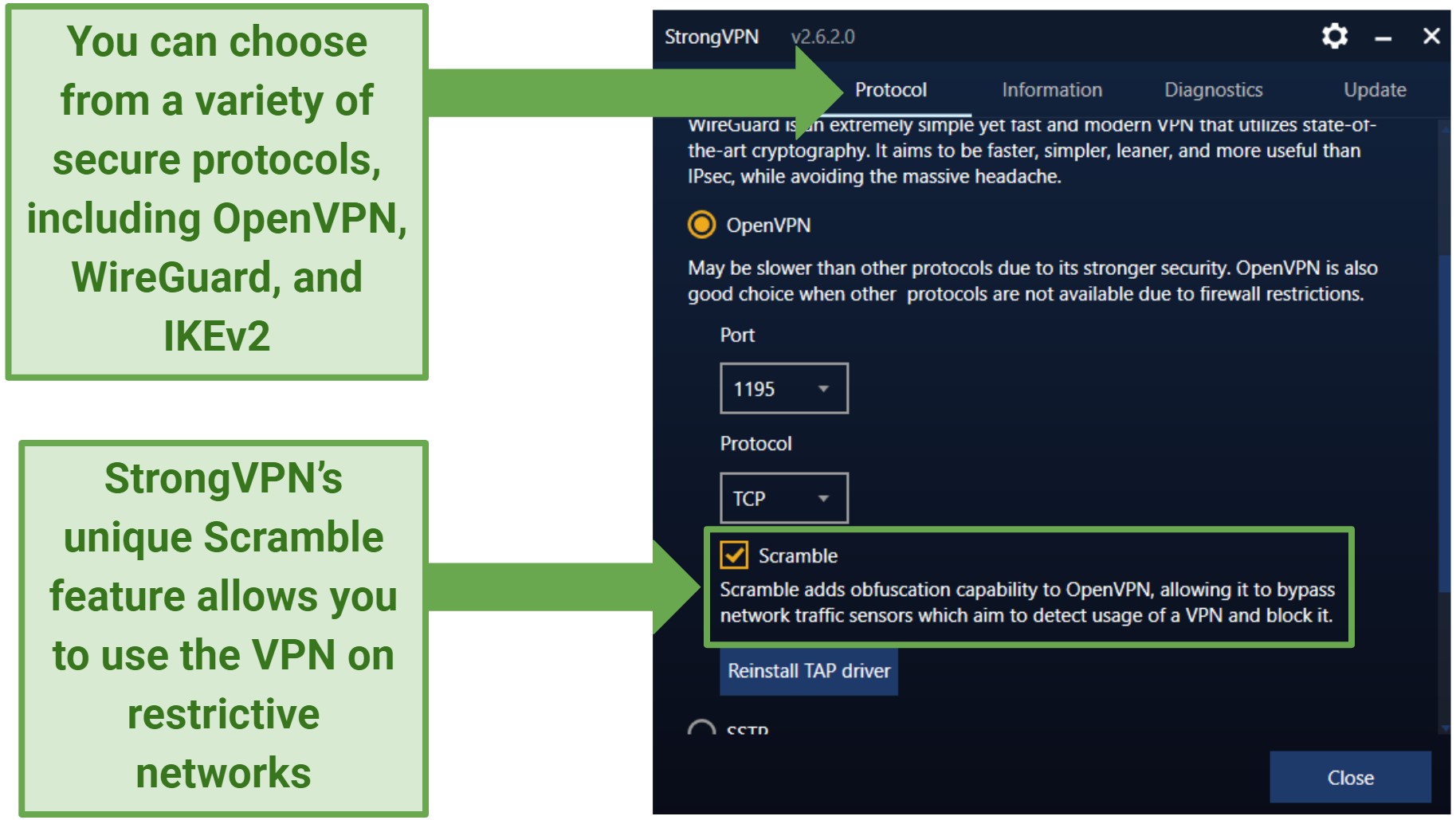 Screenshot of StrongVPN's Scramble feature in its Windows app