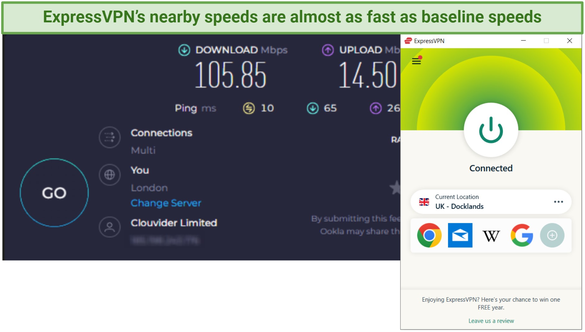Screenshot showing Okoola speed test of ExpressVPN's nearby speeds