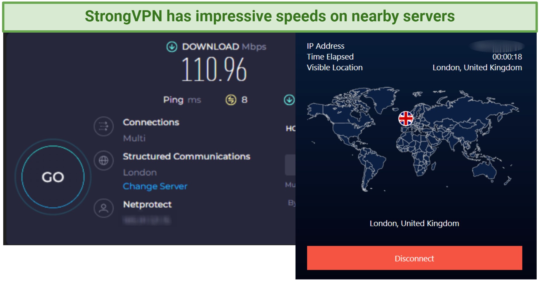 Screenshot showing Okoola speed test of ExpressVPN's nearby speeds