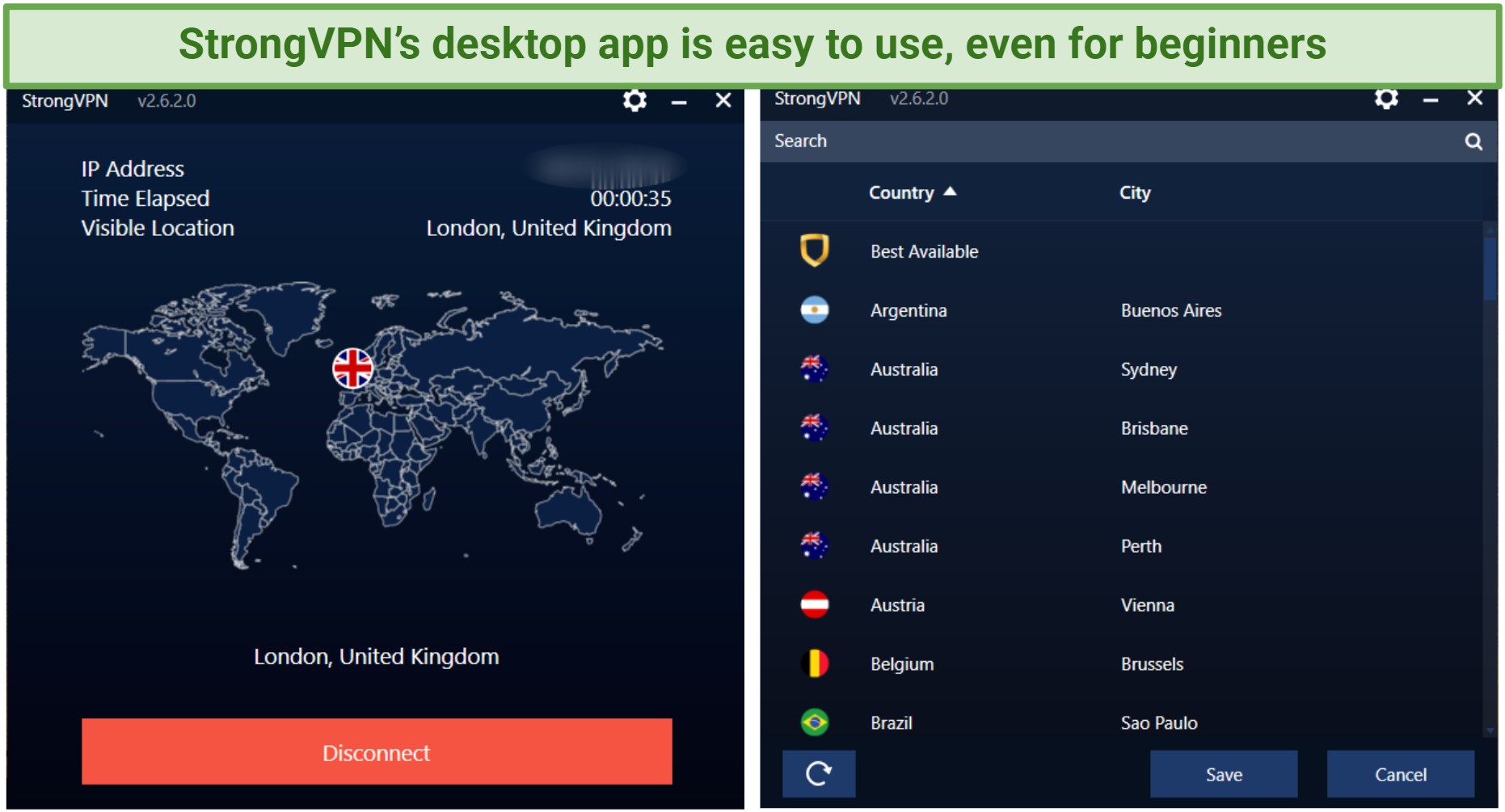 Screenshot of StrongVPN's Windows app